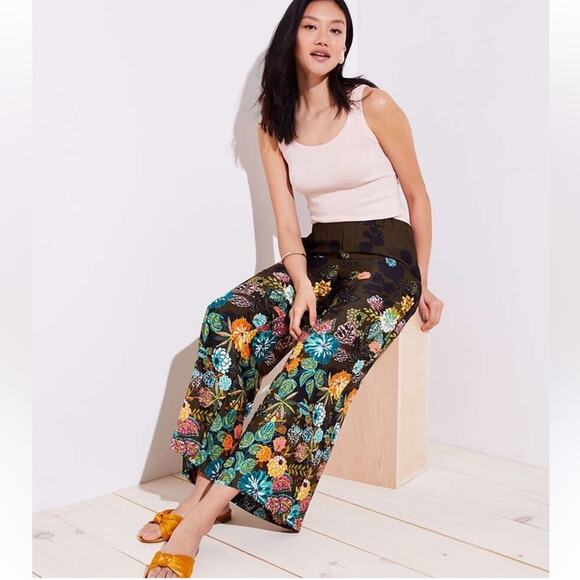 Loft Coral Springs Wide Leg Sateen Olive Green Pants Preppy Colorful Floral Fall - Picture 2 of 9